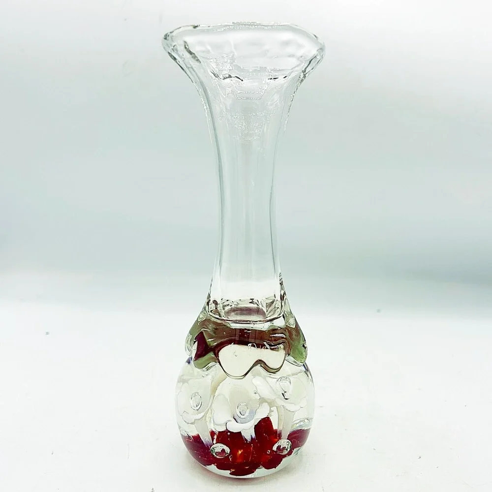 Art Glass Handblown Budvase Red with White Flowers 7